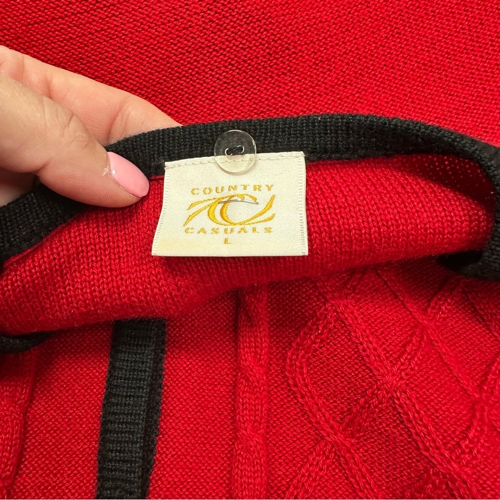 vtg country casuals Red wool blend Cardigan Black Trim womens L preppy office - Picture 6 of 8